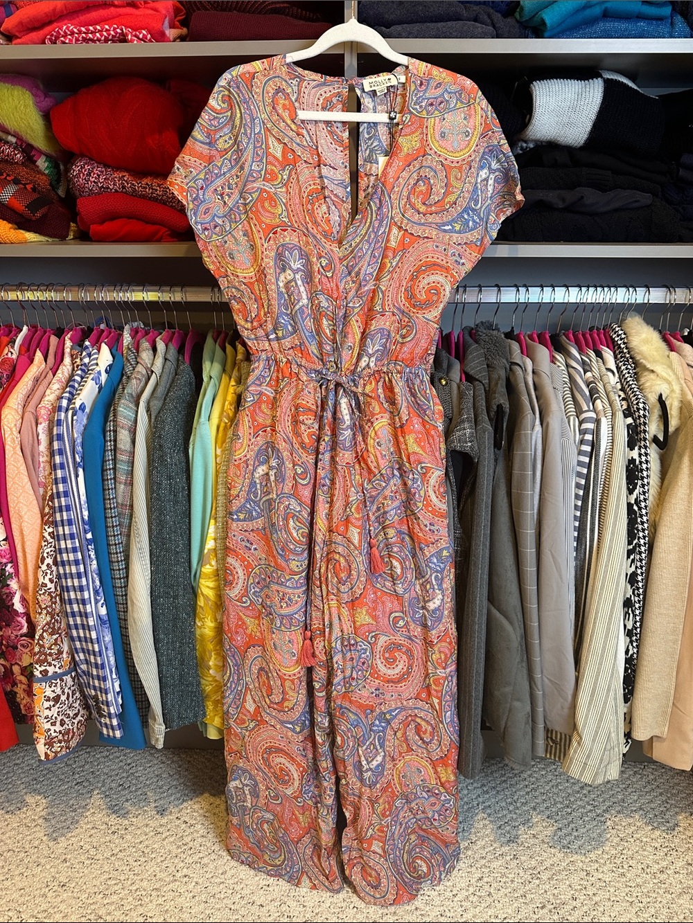 Molly Bracken coral/blue paisley print v neck lined wide leg jumpsuit size S NWT
